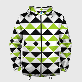 Мужская ветровка 3D с принтом Geometric shapes triangles треугольники в Новосибирске, 100% полиэстер | подол и капюшон оформлены резинкой с фиксаторами, два кармана без застежек по бокам, один потайной карман на груди | geometric shapes | triangles | геометрический узор | зеленый | современный | треугольники | черный | черный и зеленый