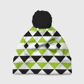 Шапка 3D c помпоном с принтом Geometric shapes triangles треугольники в Кировске, 100% полиэстер | универсальный размер, печать по всей поверхности изделия | Тематика изображения на принте: geometric shapes | triangles | геометрический узор | зеленый | современный | треугольники | черный | черный и зеленый