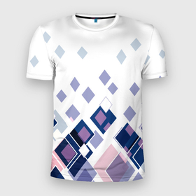 Мужская футболка 3D Slim с принтом Геометрический узор в бело синий тонах , 100% полиэстер с улучшенными характеристиками | приталенный силуэт, круглая горловина, широкие плечи, сужается к линии бедра | blue | diamonds | geometric | white | бело синий | белый | геометрический узор | ромбы | синий