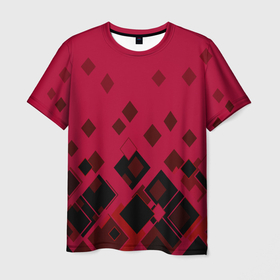 Мужская футболка 3D с принтом Геометрический узор в красно черных тонах , 100% полиэфир | прямой крой, круглый вырез горловины, длина до линии бедер | Тематика изображения на принте: black | diamonds | fashion | geometric print | red | геометрический узор | красно черный | красный | ромбы | фигуры | черный