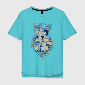 Мужская футболка хлопок Oversize с принтом девушка на черепах в Новосибирске, 100% хлопок | свободный крой, круглый ворот, “спинка” длиннее передней части | девушка | классная | кости | мода | принт | футболка с изображением | череп