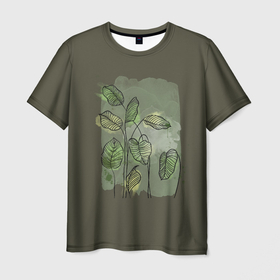 Мужская футболка 3D с принтом Нежные акварельные листья в Белгороде, 100% полиэфир | прямой крой, круглый вырез горловины, длина до линии бедер | акварель | акварельный | болотный | живописный | зеленый | камуфляж | камуфляжный | куст | кусты | лесной | летний | лето | листья | нежный | пейзаж | пятна | растения | узор | хаки