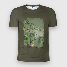 Мужская футболка 3D Slim с принтом Нежные акварельные листья в Тюмени, 100% полиэстер с улучшенными характеристиками | приталенный силуэт, круглая горловина, широкие плечи, сужается к линии бедра | акварель | акварельный | болотный | живописный | зеленый | камуфляж | камуфляжный | куст | кусты | лесной | летний | лето | листья | нежный | пейзаж | пятна | растения | узор | хаки