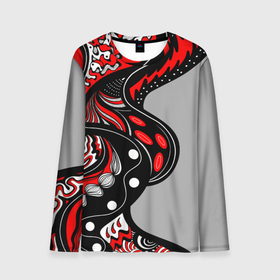 Мужской лонгслив 3D с принтом Красно чёрные дудлы в Екатеринбурге, 100% полиэстер | длинные рукава, круглый вырез горловины, полуприлегающий силуэт | абстракция | геометрический | геометрия | графический | дудлинг | дудлы | змеи | красно черный | ленты | узор | черви | червяки | черно белый