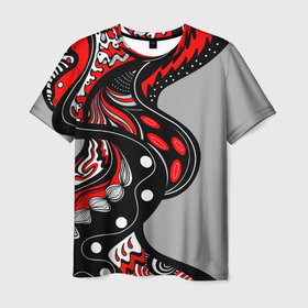 Мужская футболка 3D с принтом Красно чёрные дудлы в Тюмени, 100% полиэфир | прямой крой, круглый вырез горловины, длина до линии бедер | абстракция | геометрический | геометрия | графический | дудлинг | дудлы | змеи | красно черный | ленты | узор | черви | червяки | черно белый