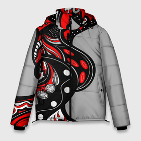 Мужская зимняя куртка 3D с принтом Красно чёрные дудлы в Курске, верх — 100% полиэстер; подкладка — 100% полиэстер; утеплитель — 100% полиэстер | длина ниже бедра, свободный силуэт Оверсайз. Есть воротник-стойка, отстегивающийся капюшон и ветрозащитная планка. 

Боковые карманы с листочкой на кнопках и внутренний карман на молнии. | Тематика изображения на принте: абстракция | геометрический | геометрия | графический | дудлинг | дудлы | змеи | красно черный | ленты | узор | черви | червяки | черно белый