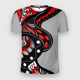 Мужская футболка 3D Slim с принтом Красно чёрные дудлы в Новосибирске, 100% полиэстер с улучшенными характеристиками | приталенный силуэт, круглая горловина, широкие плечи, сужается к линии бедра | Тематика изображения на принте: абстракция | геометрический | геометрия | графический | дудлинг | дудлы | змеи | красно черный | ленты | узор | черви | червяки | черно белый