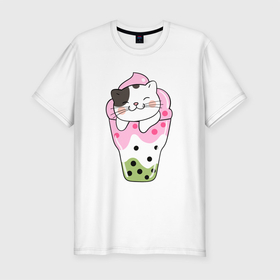 Мужская футболка хлопок Slim с принтом Довольный котик в мороженом в Тюмени, 92% хлопок, 8% лайкра | приталенный силуэт, круглый вырез ворота, длина до линии бедра, короткий рукав | кот | котенок | котик | кошечка | лето | мороженое