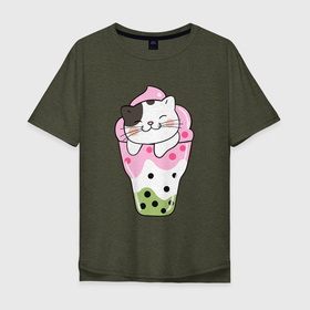 Мужская футболка хлопок Oversize с принтом Довольный котик в мороженом в Санкт-Петербурге, 100% хлопок | свободный крой, круглый ворот, “спинка” длиннее передней части | Тематика изображения на принте: кот | котенок | котик | кошечка | лето | мороженое
