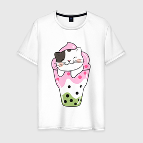 Мужская футболка хлопок с принтом Довольный котик в мороженом в Тюмени, 100% хлопок | прямой крой, круглый вырез горловины, длина до линии бедер, слегка спущенное плечо. | кот | котенок | котик | кошечка | лето | мороженое