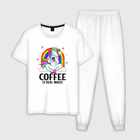 Мужская пижама хлопок с принтом Кофе   настоящая магия в Курске, 100% хлопок | брюки и футболка прямого кроя, без карманов, на брюках мягкая резинка на поясе и по низу штанин
 | единорог | кофе | кофейный | магия | радуга | радужный
