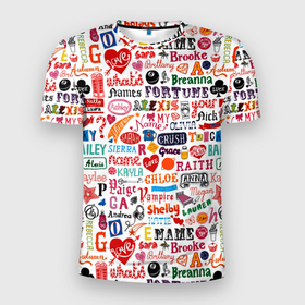Мужская футболка 3D Slim с принтом MY NAME в Новосибирске, 100% полиэстер с улучшенными характеристиками | приталенный силуэт, круглая горловина, широкие плечи, сужается к линии бедра | alphabet | black | pink | quotes | words | your name | алфавит | розовый | слова | твое имя | цитаты | черный