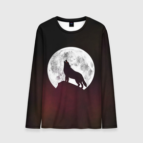 Мужской лонгслив 3D с принтом Волк и луна | Wolf and moon в Петрозаводске, 100% полиэстер | длинные рукава, круглый вырез горловины, полуприлегающий силуэт | moon | nebula | space | wolf | wolf and moon | волк | волк и луна | космос | луна | туманность | черный волк