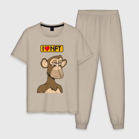 Мужская пижама хлопок с принтом i love NFT Ape coin в Тюмени, 100% хлопок | брюки и футболка прямого кроя, без карманов, на брюках мягкая резинка на поясе и по низу штанин
 | ape | ape coin | crypto | nft | биткоин | биток | крипта | криптовалюта | нфт | обезьяна | обезьянка