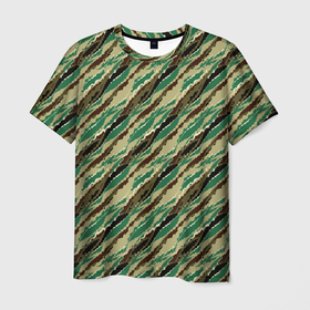 Мужская футболка 3D с принтом Абстрактный узор камуфляжной расцветки в Петрозаводске, 100% полиэфир | прямой крой, круглый вырез горловины, длина до линии бедер | abstract | beige | black | camouflage | diagonal | green | hakki | lines | military | pattern | striped | stripes | swamp | абстрактный | бежевый | болотный | военный | диагональ | зеленый | камуфляжный | линии | маскировочный | полосатый | полосы
