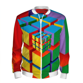 Мужской бомбер 3D с принтом Цветные кубики КУБОКУБ в Санкт-Петербурге, 100% полиэстер | застегивается на молнию, по бокам два кармана без застежек, по низу бомбера и на воротнике - эластичная резинка | kubokub | дизайн с цветными квадратами | дизайн с цветными кубиками | квадрат | куб | кубокуб | фрактал | цветные квадраты | цветные кубики