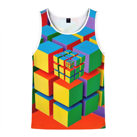 Мужская майка 3D с принтом Цветные кубики КУБОКУБ в Новосибирске, 100% полиэстер | круглая горловина, приталенный силуэт, длина до линии бедра. Пройма и горловина окантованы тонкой бейкой | Тематика изображения на принте: kubokub | дизайн с цветными квадратами | дизайн с цветными кубиками | квадрат | куб | кубокуб | фрактал | цветные квадраты | цветные кубики