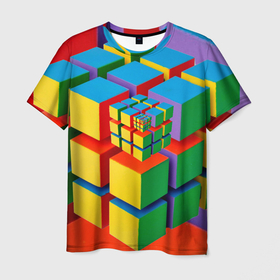 Мужская футболка 3D с принтом Цветные кубики КУБОКУБ , 100% полиэфир | прямой крой, круглый вырез горловины, длина до линии бедер | kubokub | дизайн с цветными квадратами | дизайн с цветными кубиками | квадрат | куб | кубокуб | фрактал | цветные квадраты | цветные кубики