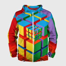 Мужская ветровка 3D с принтом Цветные кубики КУБОКУБ в Санкт-Петербурге, 100% полиэстер | подол и капюшон оформлены резинкой с фиксаторами, два кармана без застежек по бокам, один потайной карман на груди | kubokub | дизайн с цветными квадратами | дизайн с цветными кубиками | квадрат | куб | кубокуб | фрактал | цветные квадраты | цветные кубики