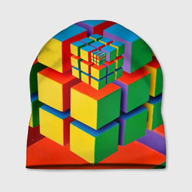 Шапка 3D с принтом Цветные кубики КУБОКУБ в Кировске, 100% полиэстер | универсальный размер, печать по всей поверхности изделия | Тематика изображения на принте: kubokub | дизайн с цветными квадратами | дизайн с цветными кубиками | квадрат | куб | кубокуб | фрактал | цветные квадраты | цветные кубики