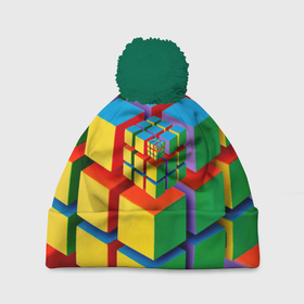 Шапка 3D c помпоном с принтом Цветные кубики КУБОКУБ , 100% полиэстер | универсальный размер, печать по всей поверхности изделия | kubokub | дизайн с цветными квадратами | дизайн с цветными кубиками | квадрат | куб | кубокуб | фрактал | цветные квадраты | цветные кубики