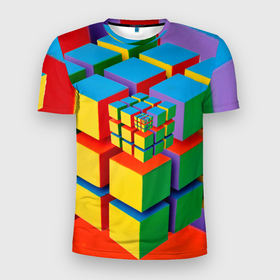 Мужская футболка 3D Slim с принтом Цветные кубики КУБОКУБ , 100% полиэстер с улучшенными характеристиками | приталенный силуэт, круглая горловина, широкие плечи, сужается к линии бедра | kubokub | дизайн с цветными квадратами | дизайн с цветными кубиками | квадрат | куб | кубокуб | фрактал | цветные квадраты | цветные кубики