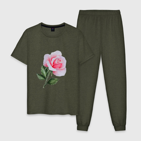 Мужская пижама хлопок с принтом Gentle Rose в Новосибирске, 100% хлопок | брюки и футболка прямого кроя, без карманов, на брюках мягкая резинка на поясе и по низу штанин
 | art | blossom | drawing | flower | hand drawn | painting | pink | rose | rosebud | бутон | живопись | картина | роза | розовый | розочка | цветок | цветы