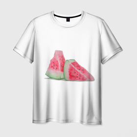 Мужская футболка 3D с принтом Дольки арбуза в Тюмени, 100% полиэфир | прямой крой, круглый вырез горловины, длина до линии бедер | Тематика изображения на принте: акварель | арбуз | арбузик | арт | веган | веганство | дизайн | дольки арбуза | зеленый | красный | лето | фркуты