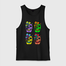 Мужская майка хлопок с принтом Skulls   Pop art , 100% хлопок |  | Тематика изображения на принте: color | fashion | jaw | mushroom | neon | pop art | skull | teeth | гриб | зубы | мода | неон | пасть | поп арт | цвет | череп