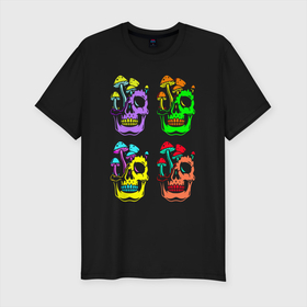 Мужская футболка хлопок Slim с принтом Skulls   Pop art , 92% хлопок, 8% лайкра | приталенный силуэт, круглый вырез ворота, длина до линии бедра, короткий рукав | color | fashion | jaw | mushroom | neon | pop art | skull | teeth | гриб | зубы | мода | неон | пасть | поп арт | цвет | череп