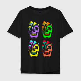 Мужская футболка хлопок Oversize с принтом Skulls   Pop art в Кировске, 100% хлопок | свободный крой, круглый ворот, “спинка” длиннее передней части | color | fashion | jaw | mushroom | neon | pop art | skull | teeth | гриб | зубы | мода | неон | пасть | поп арт | цвет | череп