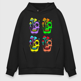 Мужское худи Oversize хлопок с принтом Skulls   Pop art в Санкт-Петербурге, френч-терри — 70% хлопок, 30% полиэстер. Мягкий теплый начес внутри —100% хлопок | боковые карманы, эластичные манжеты и нижняя кромка, капюшон на магнитной кнопке | Тематика изображения на принте: color | fashion | jaw | mushroom | neon | pop art | skull | teeth | гриб | зубы | мода | неон | пасть | поп арт | цвет | череп