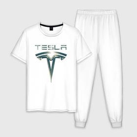 Мужская пижама хлопок с принтом Tesla Logo | Тесла Логотип Карбон в Тюмени, 100% хлопок | брюки и футболка прямого кроя, без карманов, на брюках мягкая резинка на поясе и по низу штанин
 | Тематика изображения на принте: tesla | tesla carbon | tesla logo | тесла | тесла карбон