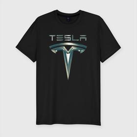 Мужская футболка хлопок Slim с принтом Tesla Logo | Тесла Логотип Карбон в Новосибирске, 92% хлопок, 8% лайкра | приталенный силуэт, круглый вырез ворота, длина до линии бедра, короткий рукав | tesla | tesla carbon | tesla logo | тесла | тесла карбон