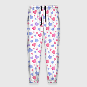 Мужские брюки 3D с принтом Милые карамельки сердечки на белом в Новосибирске, 100% полиэстер | манжеты по низу, эластичный пояс регулируется шнурком, по бокам два кармана без застежек, внутренняя часть кармана из мелкой сетки | baby | blue | bright | caramel | cute | female | heart | hearts | pink | pink hearts | white | белый | голубые | детский | женский | карамельный | милые | розовые | розовые сердечки | сердечки | сердце | яркий