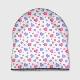 Шапка 3D с принтом Милые карамельки сердечки на белом в Тюмени, 100% полиэстер | универсальный размер, печать по всей поверхности изделия | baby | blue | bright | caramel | cute | female | heart | hearts | pink | pink hearts | white | белый | голубые | детский | женский | карамельный | милые | розовые | розовые сердечки | сердечки | сердце | яркий