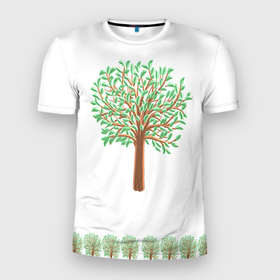 Мужская футболка 3D Slim с принтом Дерево с  орнаментом по нижнему краю в Белгороде, 100% полиэстер с улучшенными характеристиками | приталенный силуэт, круглая горловина, широкие плечи, сужается к линии бедра | дерево | зеленый | коричневый | листья | орнамент | природа