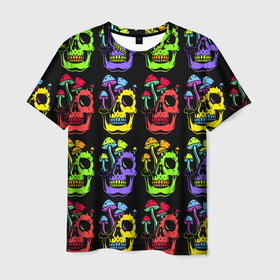 Мужская футболка 3D с принтом Мухоморы, растущие на черепе , 100% полиэфир | прямой крой, круглый вырез горловины, длина до линии бедер | color | eye sockets | fly agaric | jaw | mushroom | neon | skull | teeth | глазницы | гриб | зубы | мода | мухомор | неон | пасть | цвет | череп