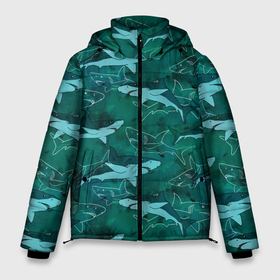 Мужская зимняя куртка 3D с принтом Акулы не темно бирюзовом фоне в Новосибирске, верх — 100% полиэстер; подкладка — 100% полиэстер; утеплитель — 100% полиэстер | длина ниже бедра, свободный силуэт Оверсайз. Есть воротник-стойка, отстегивающийся капюшон и ветрозащитная планка. 

Боковые карманы с листочкой на кнопках и внутренний карман на молнии. | animal | bloodthir | dark turquoise | fish | journey | marine | ocean | predator | predatory fish | sea | sharks | toothy shark | water | акулы | вода | животное | зубастая акула | кровожадный | море | морской | океан | путешествие | рыба | темно бирюзово