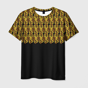 Мужская футболка 3D с принтом Золотой узор и черный фон в Белгороде, 100% полиэфир | прямой крой, круглый вырез горловины, длина до линии бедер | винтаж | геометрия | завитки | золотой | орнамент | симметрия | узор
