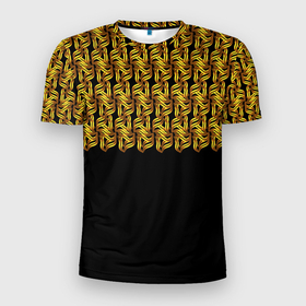 Мужская футболка 3D Slim с принтом Золотой узор и черный фон в Белгороде, 100% полиэстер с улучшенными характеристиками | приталенный силуэт, круглая горловина, широкие плечи, сужается к линии бедра | винтаж | геометрия | завитки | золотой | орнамент | симметрия | узор