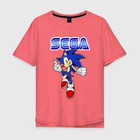 Мужская футболка хлопок Oversize с принтом SEGA   Sonic в Тюмени, 100% хлопок | свободный крой, круглый ворот, “спинка” длиннее передней части | 16 bit | 16 бит | genesis | logo | mega drive 2 | sega | sonic the hedgehog | video game | видео игра | генезис | красные кеды | логотип | мега драйв 2 | сатурн | сега | синий ёж | соник ёжик | тв приставка