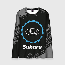 Мужской лонгслив 3D с принтом Subaru в стиле Top Gear со следами шин на фоне , 100% полиэстер | длинные рукава, круглый вырез горловины, полуприлегающий силуэт | auto | brand | gear | logo | subaru | symbol | top | авто | бренд | гир | лого | символ | следы | субару | топ | шин | шины