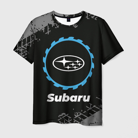 Мужская футболка 3D с принтом Subaru в стиле Top Gear со следами шин на фоне , 100% полиэфир | прямой крой, круглый вырез горловины, длина до линии бедер | Тематика изображения на принте: auto | brand | gear | logo | subaru | symbol | top | авто | бренд | гир | лого | символ | следы | субару | топ | шин | шины