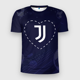 Мужская футболка 3D Slim с принтом Лого Juventus в сердечке на фоне мячей в Тюмени, 100% полиэстер с улучшенными характеристиками | приталенный силуэт, круглая горловина, широкие плечи, сужается к линии бедра | 