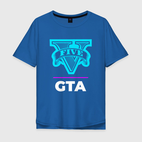Мужская футболка хлопок Oversize с принтом Символ GTA в неоновых цветах в Екатеринбурге, 100% хлопок | свободный крой, круглый ворот, “спинка” длиннее передней части | Тематика изображения на принте: 