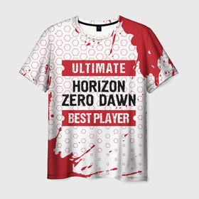 Мужская футболка 3D с принтом Horizon Zero Dawn: красные таблички Best Player и Ultimate в Петрозаводске, 100% полиэфир | прямой крой, круглый вырез горловины, длина до линии бедер | dawn | horizon | horizon zero dawn | logo | paint | ultimate | zero | брызги | игра | игры | краска | лого | логотип | символ | хорайзон