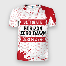 Мужская футболка 3D Slim с принтом Horizon Zero Dawn: красные таблички Best Player и Ultimate в Тюмени, 100% полиэстер с улучшенными характеристиками | приталенный силуэт, круглая горловина, широкие плечи, сужается к линии бедра | dawn | horizon | horizon zero dawn | logo | paint | ultimate | zero | брызги | игра | игры | краска | лого | логотип | символ | хорайзон