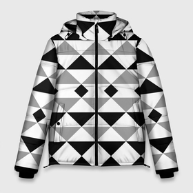 Мужская зимняя куртка 3D с принтом Черно белый геометрический узор треугольники в Курске, верх — 100% полиэстер; подкладка — 100% полиэстер; утеплитель — 100% полиэстер | длина ниже бедра, свободный силуэт Оверсайз. Есть воротник-стойка, отстегивающийся капюшон и ветрозащитная планка. 

Боковые карманы с листочкой на кнопках и внутренний карман на молнии. | Тематика изображения на принте: geometric pattern | geometric shapes | геометрические фигуры | геометрический узор | треугольники | черно белый
