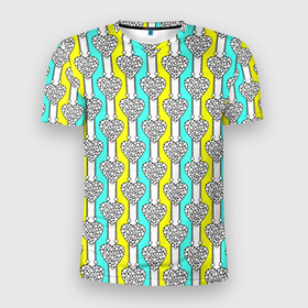 Мужская футболка 3D Slim с принтом Striped multicolored pattern with hearts в Екатеринбурге, 100% полиэстер с улучшенными характеристиками | приталенный силуэт, круглая горловина, широкие плечи, сужается к линии бедра | hearts | multicolored | striped | в горошек | вертикальные полосы | полосатый узор | розовый | сердце